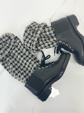 Chanel Tweed Lace Up Chain Detail Boots